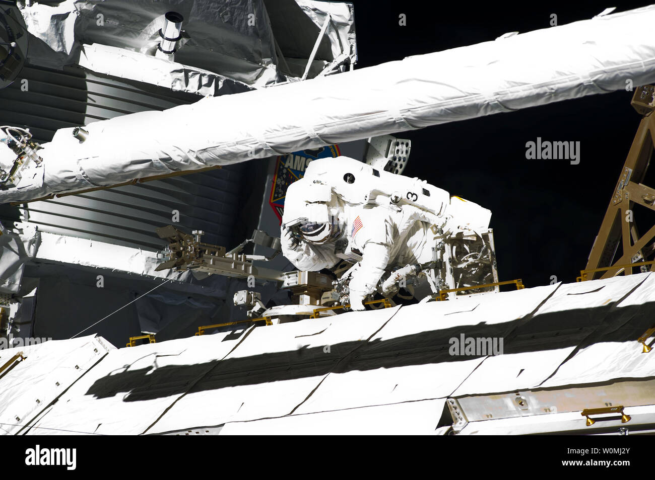 NASA astronaut Michael Fincke participates in the mission's fourth session of extravehicular activity (EVA) as construction and maintenance continue on the International Space Station on May 27, 2011. This is expected to be the very last spacewalk to be performed by shuttle crew astronauts.    UPI/NASA Stock Photo