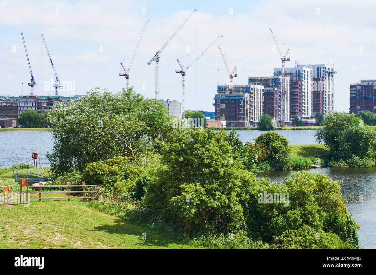 Walthamstow Wetlands, North London UK, in summertime, with new apartments under construction in the background Stock Photo