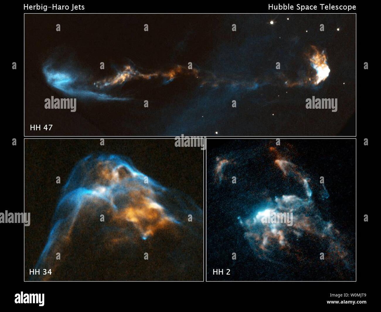 This compilation of images captured by NASA's Hubble Space Telescope and released on August 30, 2011 shows streams of material called Herbig-Haro and are the early formation of stars.  UPI/NASA Stock Photo