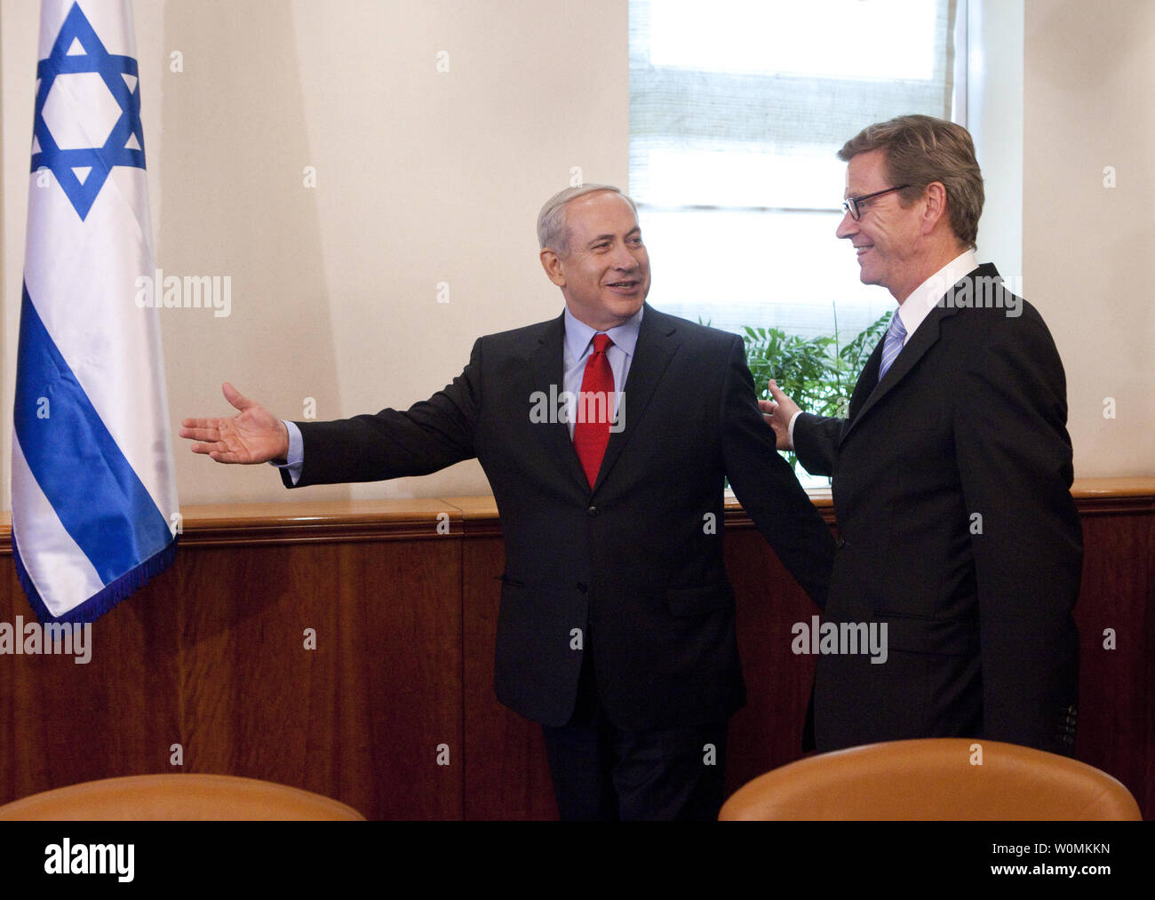 Israel Prime Minister Benjamin Netanyahu (L) welcomes  the German Foreign Minister Guido Westerwelle during their meeting at the Prime Minister's office in Jerusalem on September 9, 2012 .    UPI/Abir Sultan Stock Photo