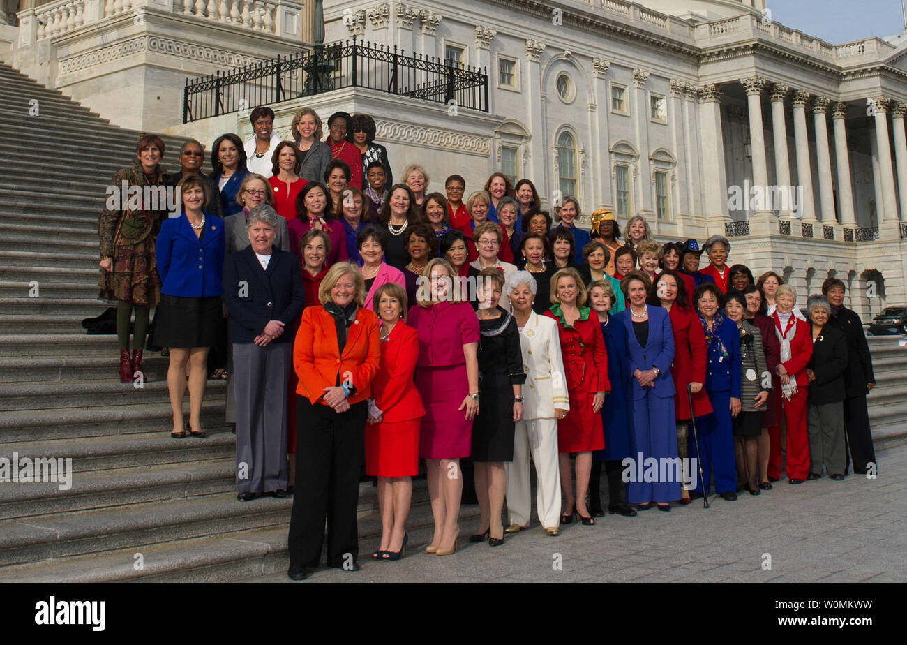 An official photo distributed by U.S. House Minority Leader Nancy Pelosi's was missing four of the 61 congresswomen so the four were added to the official portrait with Pelosi, on January 3, 2013, it was discovered on January 4, 2013 in Washington, DC.  The four women added can be seen on the top of the photo.  White House News Photographers Association President Ron Sachs said this manipulation now brings 'into question the integrity of photos released by our government.'   UPI Stock Photo