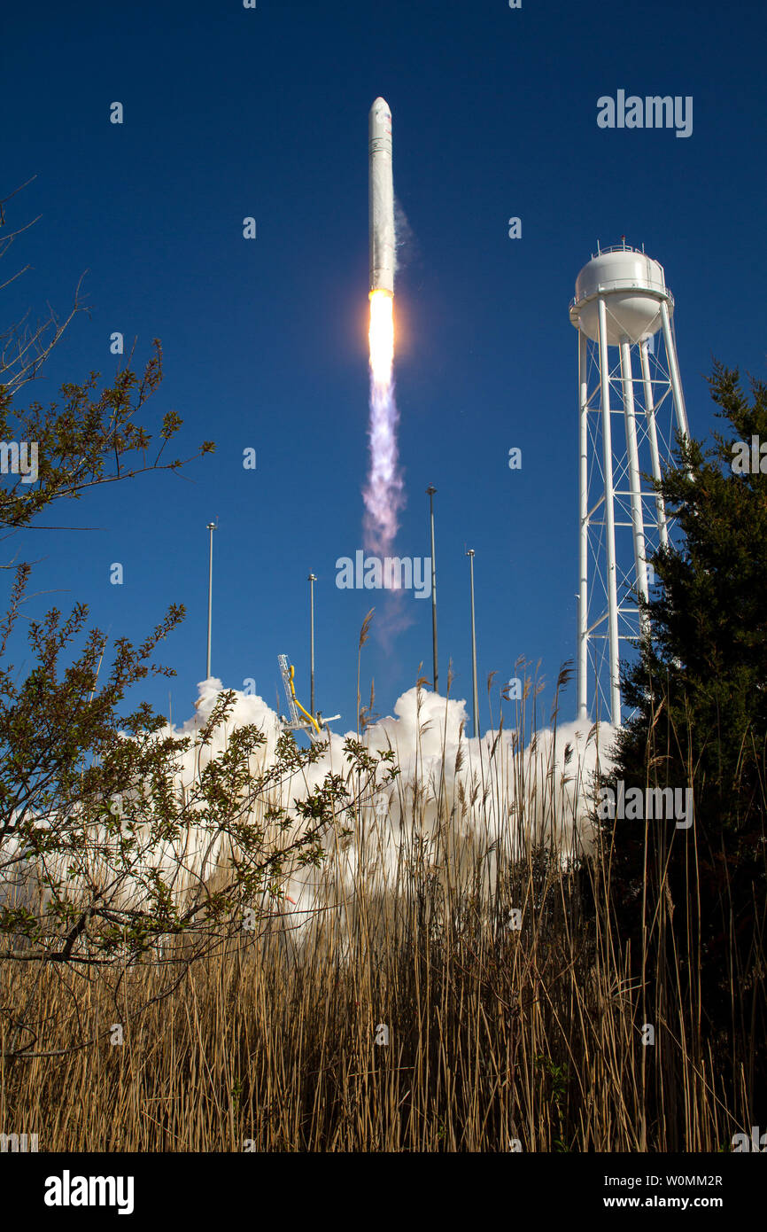 The Orbital Sciences Corporation Antares rocket is seen as it launches from Pad-0A of the Mid-Atlantic Regional Spaceport (MARS) at the NASA Wallops Flight Facility on Wallops Island, Virginia, Sunday, April 21, 2013. The test launch marked the first flight of Antares and the first rocket launch from Pad-0A. The Antares rocket delivered the equivalent mass of a spacecraft, a so-called mass simulated payload, into Earth's orbit.  UPI/NASA/Bill Ingalls Stock Photo