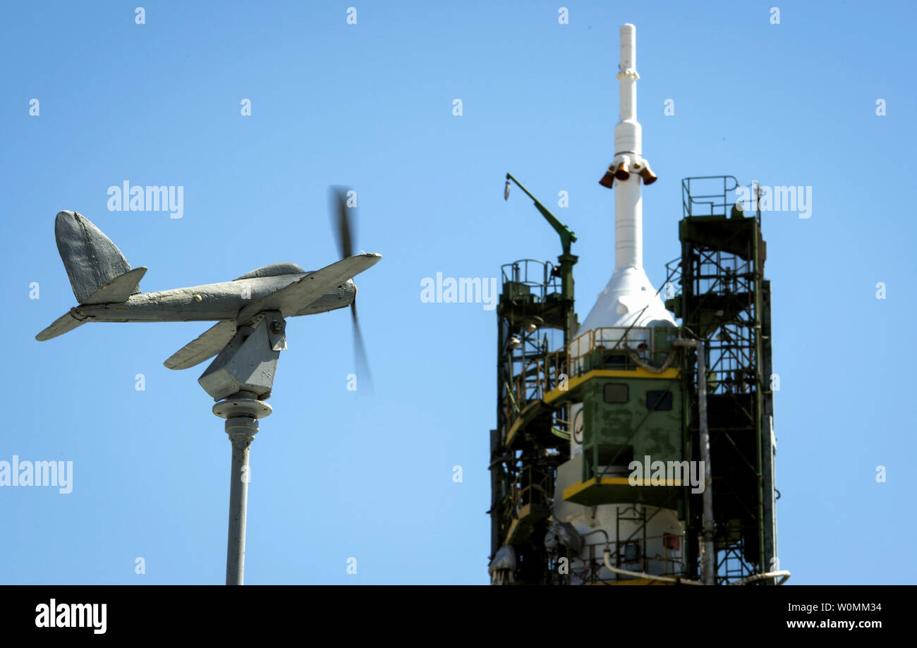 An aircraft shaped wind vane is seen with the Soyuz rocket at the Baikonur Cosmodrome launch pad, in Kazakhstan Tuesday, May 28, 2013.  The launch of the Soyuz rocket to the International Space Station (ISS) with Expedition 36/37 Soyuz Commander Fyodor Yurchikhin of the Russian Federal Space Agency (Roscosmos), Flight Engineers; Luca Parmitano of the European Space Agency, and Karen Nyberg of NASA, is scheduled for 2:31a.m., Wednesday May 29, Kazakh time. Yurchikhin, Nyberg, and, Parmitano, will remain aboard the station until mid-November. UPI/Bill Ingalls/NASA ------------------------------- Stock Photo