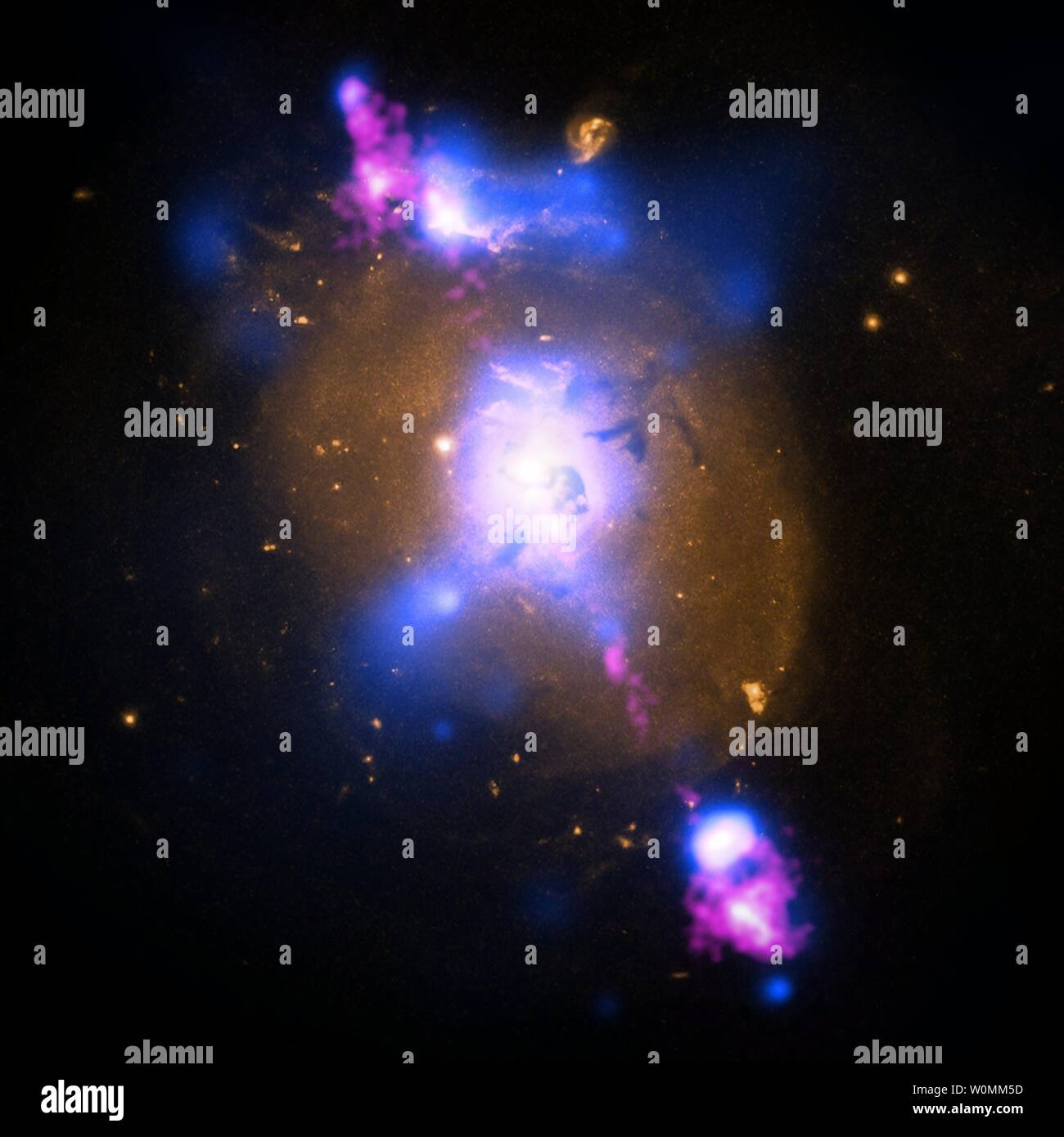 This composite image of a galaxy illustrates how the intense gravity of a supermassive black hole can be tapped to generate immense power. The image contains X-ray data from NASA's Chandra X-ray Observatory (blue), optical light obtained with the Hubble Space Telescope (gold) and radio waves from the NSFÕs Very Large Array (pink)..  This multi-wavelength view shows 4C+29.30, a galaxy located some 850 million light years from Earth. The radio emission comes from two jets of particles that are speeding at millions of miles per hour away from a supermassive black hole at the center of the galaxy. Stock Photo