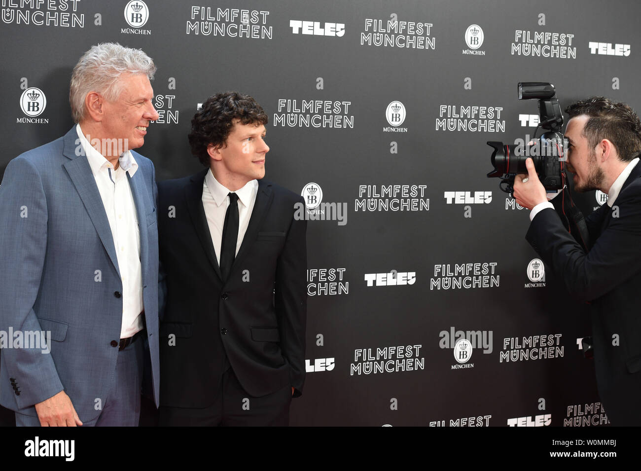 Munich, Germany. 27th June, 2019. Director Riley Stearns (r) and actor  Jesse Eisenberg are standing on the red carpet of the Filmfest Munich,  which opens with the comedy The Art of Self-Defense