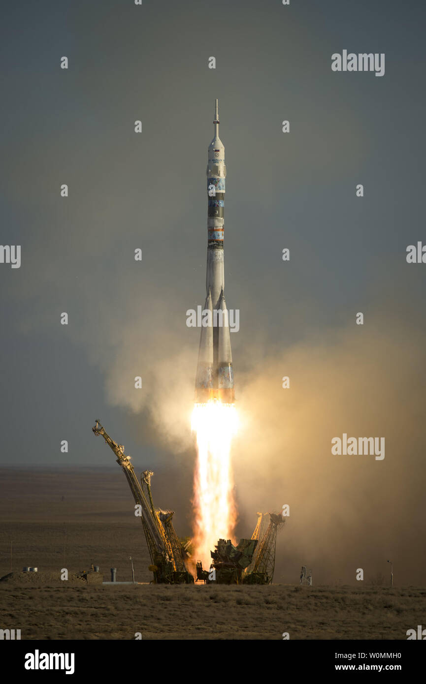 The Soyuz TMA-11M rocket is launched with Expedition 38 Soyuz Commander Mikhail Tyurin of Roscosmos, Flight Engineer Rick Mastracchio of NASA and Flight Engineer Koichi Wakata of the Japan Aerospace Exploration Agency onboard, November 7, 2013, at the Baikonur Cosmodrome in Kazakhstan.  The Olympic torch was launched with the crew of Expedition 38 to the International Space Station. It will be passed from one module to the next and will go on its first spacewalk on November 9 with two Russian cosmonauts as part of its international relay.  UPI/Carla Cioffi/NASA Stock Photo