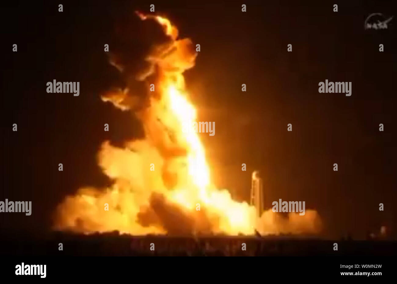 This NASA video image still shows the Orbital Sciences Corporation's Antares rocket, with the Cygnus spacecraft onboard, as it suffers a catastrophic anomaly moments after launch from the Mid-Atlantic Regional Spaceport Pad 0A, on October 28, 2014, at NASA's Wallops Flight Facility in Virginia. The spacecraft was filled with about 5,000 pounds of supplies for the International Space Station. UPI/NASA Stock Photo