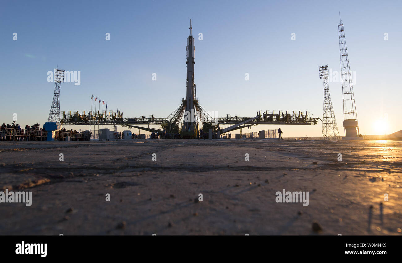 The Soyuz TMA-19M spacecraft is seen after being raised into a vertical position on the launch pad at the Baikonur Cosmodrome on Sunday, Dec. 13, 2015 in Kazakhstan. Launch of the Soyuz is scheduled for Dec. 15 and will send Expedition 46 Soyuz Commander Yuri Malenchenko of the Russian Federal Space Agency (Roscosmos), Flight Engineer Tim Kopra of NASA, and Flight Engineer Tim Peake of ESA (European Space Agency) to the International Space Station for a six-month stay. NASA Photo by Joel Kowsky/UPI Stock Photo