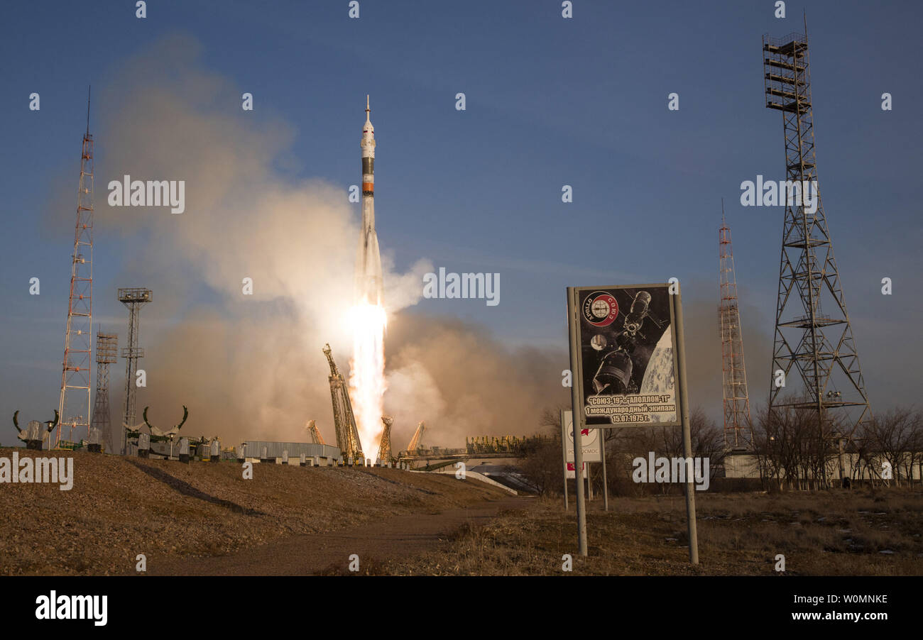 The Soyuz TMA-19M rocket is launched with Expedition 46 Soyuz Commander Yuri Malenchenko of the Russian Federal Space Agency (Roscosmos), Flight Engineer Tim Kopra of NASA, and Flight Engineer Tim Peake of ESA (European Space Agency), Tuesday, Dec. 15, 2015 at the Baikonur Cosmodrome in Kazakhstan.  Malenchenko, Kopra, and Peake will spend the next six-months living and working aboard the International Space Station.  NASA photo by Joel Kowsky/UPI Stock Photo