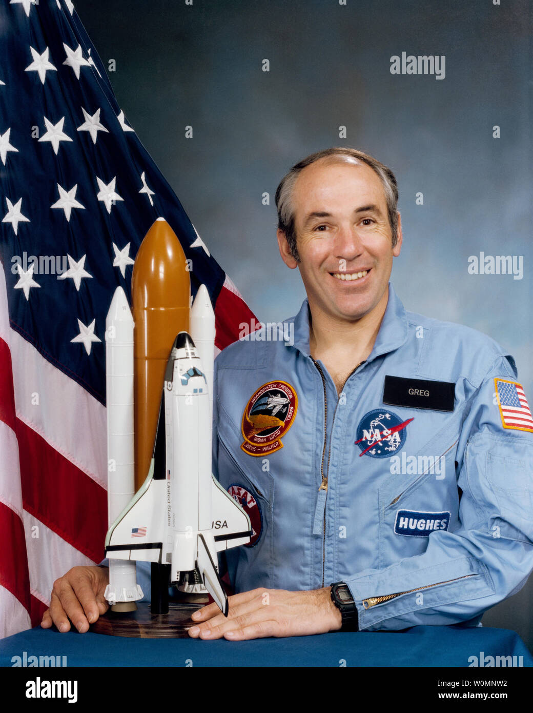 Official NASA portrait, taken in 1985, of Gregory B. Jarvis, Payload Specialist for STS-51-L. On January 28, 1986, at 11:39 a.m. EST, the Space Shuttle Challenger and her seven-member crew were lost when a ruptured O-ring in the right Solid Rocket Booster caused an explosion 73 seconds after launch. UPI Stock Photo
