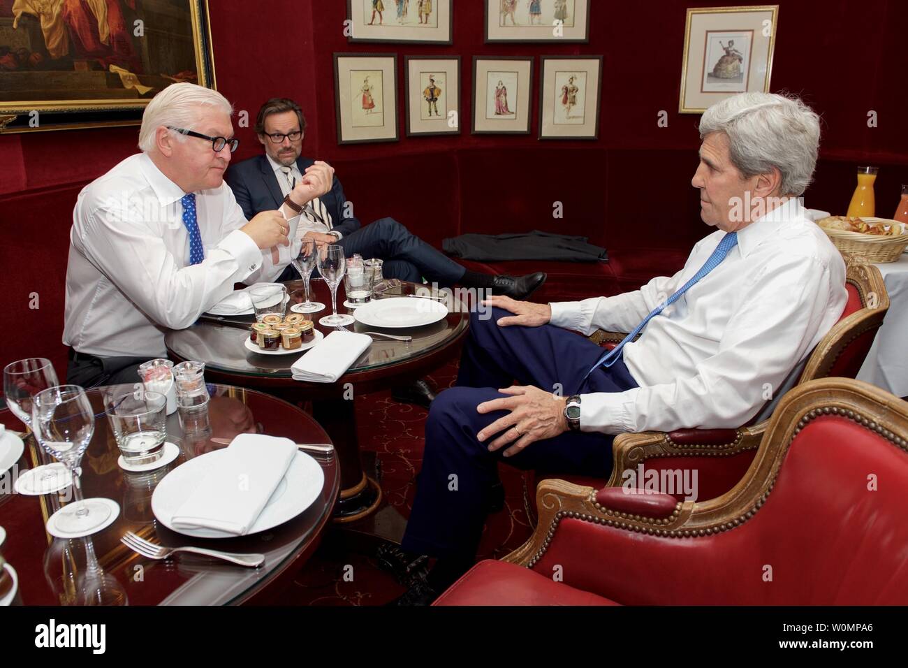 U.S. Secretary of State John Kerry sits with German Foreign Minister Frank-Walter Steinmeier at the Westin Vendome Hotel in Paris, on May 10, 2016, before a bilateral meeting after both diplomats attended a multilateral session focused on Syria hosted by the French government. Photo by U.S. Department of State/UPI Stock Photo