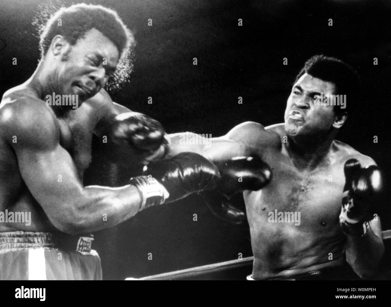 Boxing great Muhammad Ali died at the age of 74 in Phoenix, Arizona on Saturday, June 4, 2016.  He is shown punching  George Foreman with a hard right during their heavyweight title bout on October 29, 1974 in Kinshasa, Zaire. In the fight of the year, Ali knocked Foreman out in the 8th round to regain his heavyweight crown.  File Photo by Mike Feldman/UPI Stock Photo