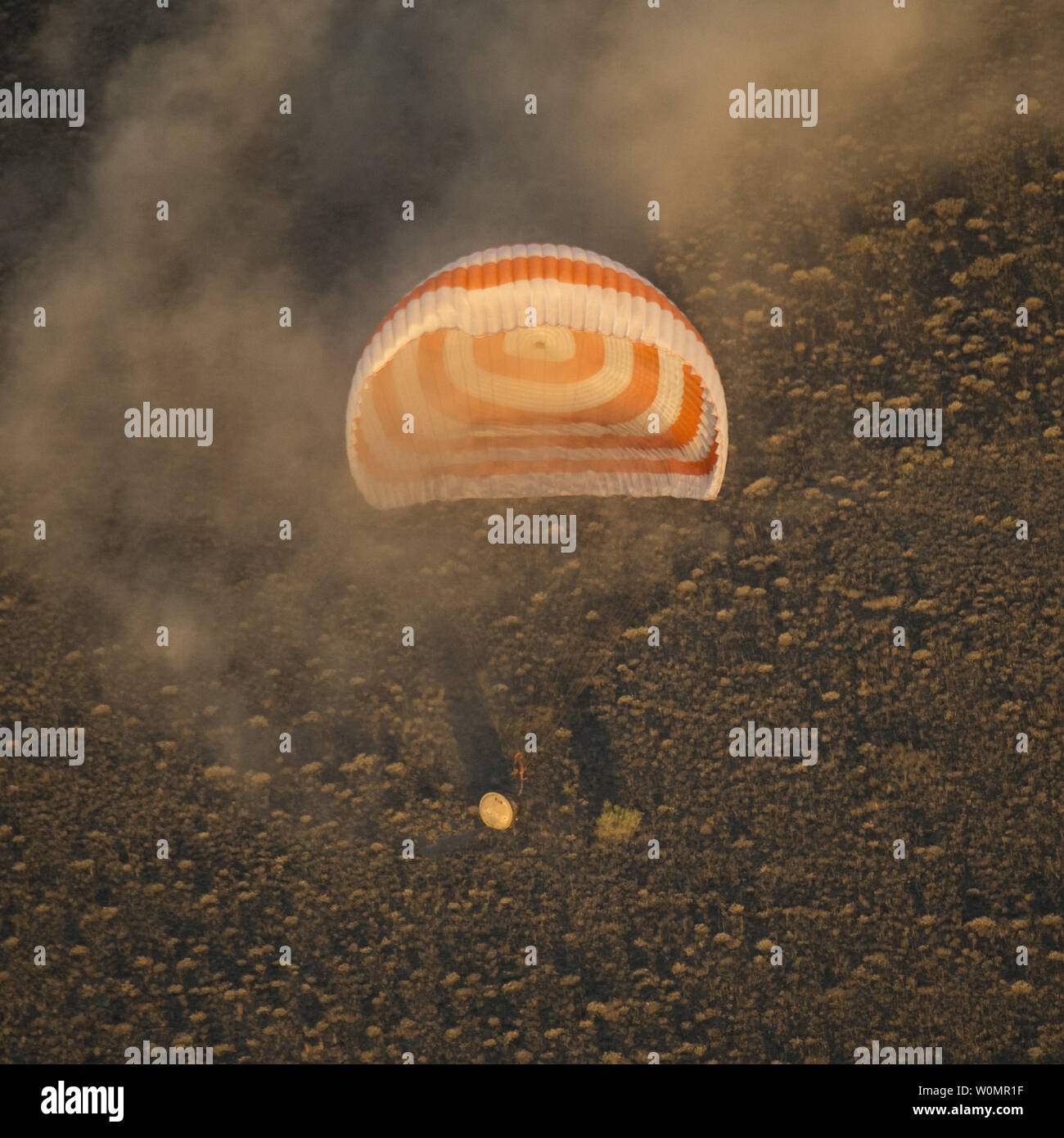 The Soyuz TMA-20M spacecraft is seen as it lands with Expedition 48 crew members NASA astronaut Jeff Williams, Russian cosmonauts Alexey Ovchinin, and Oleg Skripochka of Roscosmos near the town of Zhezkazgan, Kazakhstan on Wednesday, Sept. 7, 2016(Kazakh time). Williams, Ovchinin, and Skripochka are returning after 172 days in space where they served as members of the Expedition 47 and 48 crews onboard the International Space Station.   NASA Photo by Bill Ingalls/UPI Stock Photo