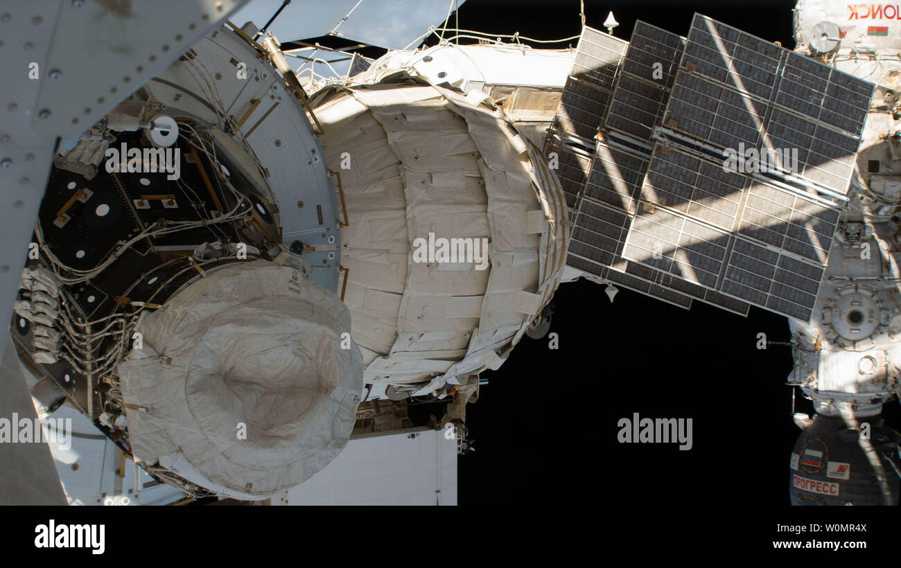 The Bigelow Expandable Activity Module (BEAM) is seen attached to the Tranquility module of the International Space Station on September 21, 2016. Expandable habitats, occasionally described as inflatable habitats, greatly decrease the amount of transport volume for future space missions. These “expandables” weigh less and take up less room on a rocket while allowing additional space for living and working. They also provide protection from solar and cosmic radiation, space debris, and other contaminants. Crews traveling to the moon, Mars, asteroids, or other destinations could use them as hab Stock Photo