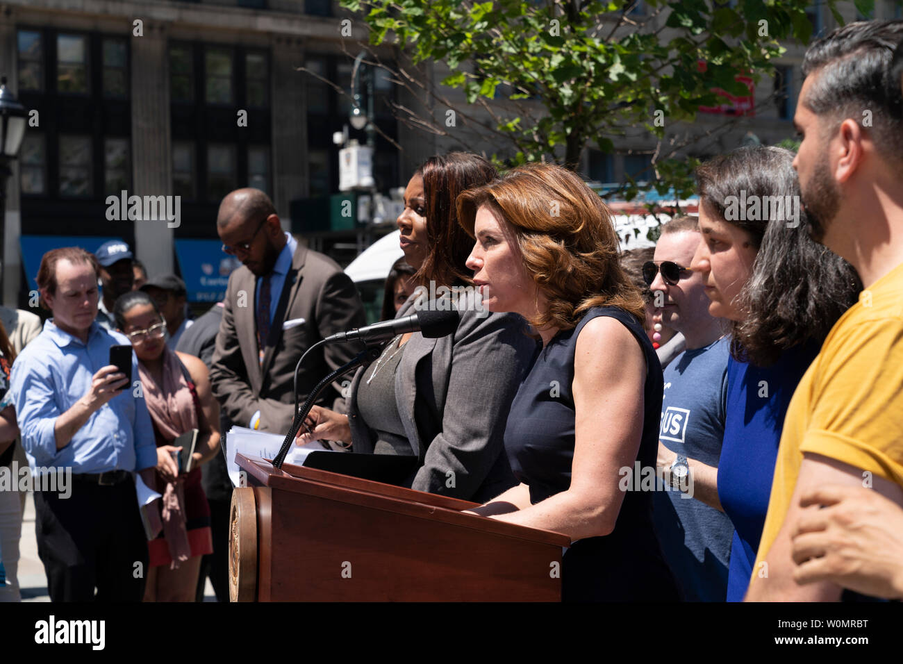 New York, NY - June 27, 2019: NYC Census Director Julie Menin speaks at press conference to react on Supreme Court ruling on the U.S. Census citizenship question at Foley Square Stock Photo