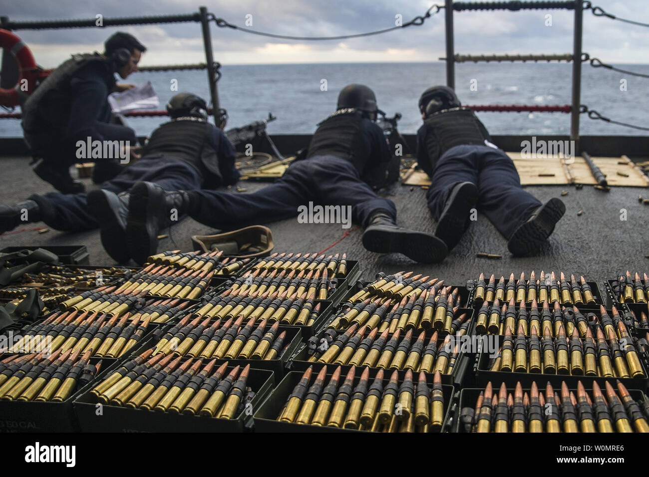 Sailors participate in a live-fire exercise on the fantail of the aircraft carrier USS George Washington (CVN 73) on December 15, 2016. George Washington, homeported in Norfolk, is underway conducting carrier qualifications in the Atlantic Ocean. Photo by Clemente A. Lynch//U.S. Navy/UPI Stock Photo