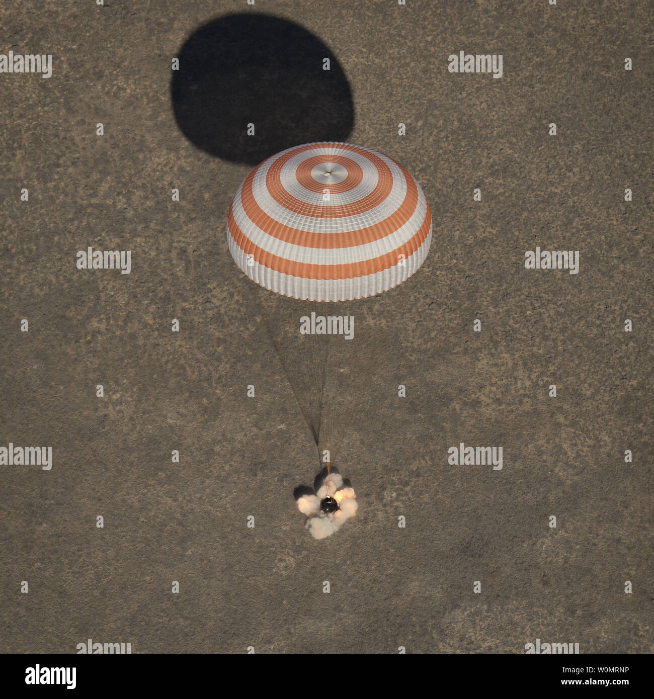 The Soyuz MS-02 spacecraft is seen as it lands with Expedition 50 Commander Shane Kimbrough of NASA and Flight Engineers Sergey Ryzhikov and Andrey Borisenko of Roscosmos near the town of Zhezkazgan, Kazakhstan on Monday, April 10, 2017 (Kazakh time). Kimbrough, Ryzhikov, and Borisenko are returning after 173 days in space where they served as members of the Expedition 49 and 50 crews onboard the International Space Station.        NASA Photo by Bill Ingalls/UPI Stock Photo