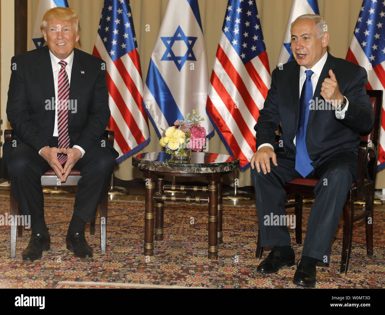 Israel's Prime Minister Benjamin Netanyahu (R) and US President Donald Trump meet in Jerusalem on May 22, 2017.      Photo by Menahem Kahana/UPI Stock Photo