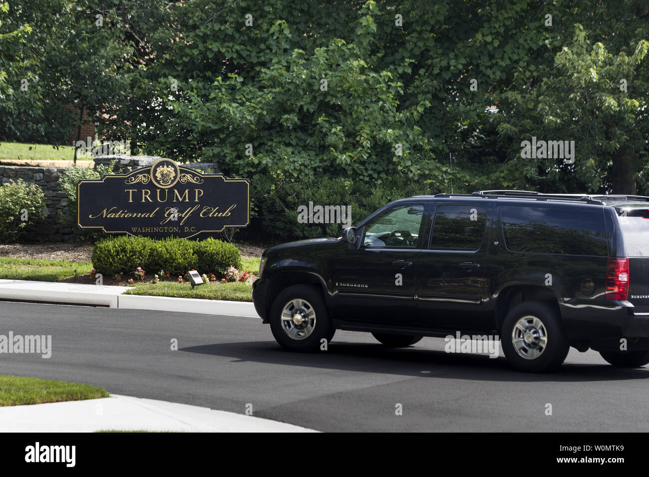 US President Donald J. Trump's motorcade arrives at the Trump National Golf Club in Sterling, Virginia,on June 25, 2017. President Trump hit the links on average more than once per week in his first 100 days in office.    Photo by Jim Lo Scalzo/UPI Stock Photo