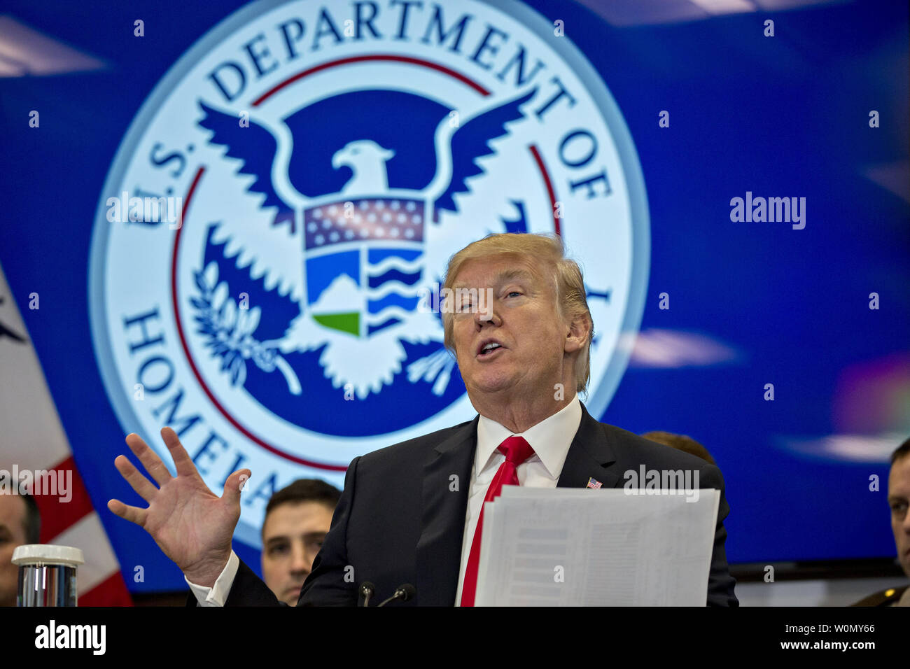 U.S. President Donald Trump speaks while participating in a Customs and Border Protection (CBP) roundtable discussion after touring the CBP National Targeting Center in Sterling, Virginia, U.S., on Friday, Feb. 2, 2018. Trump is looking to ratchet up pressure on lawmakers to consider the immigration proposal he unveiled in Tuesday's State of the Union using the visit as an opportunity to again argue his proposal would bolster the country's borders.   Photo by Andrew Harrer/UPI Stock Photo