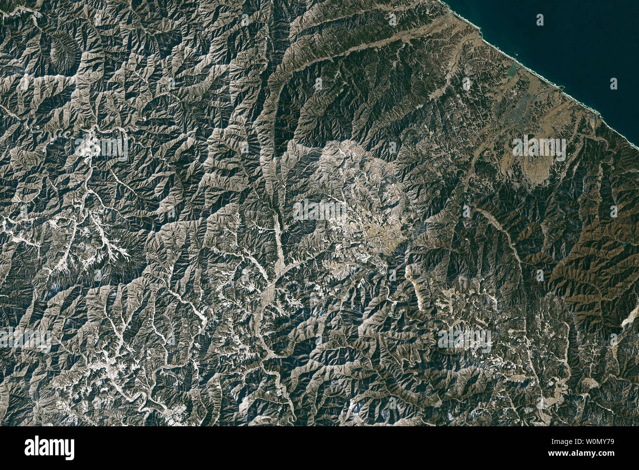 Since the Winter Olympics were first held in 1924, they only have been hosted twice in Asia, both times in Japan. This year the games will find a new home in South Korea, in the northeastern cities of Pyeongchang and Gangneung. Both cities are visible in these natural-color images acquired on January 26, 2018, by the Operational Land Imager (OLI) on Landsat 8. NASA/UPI Stock Photo