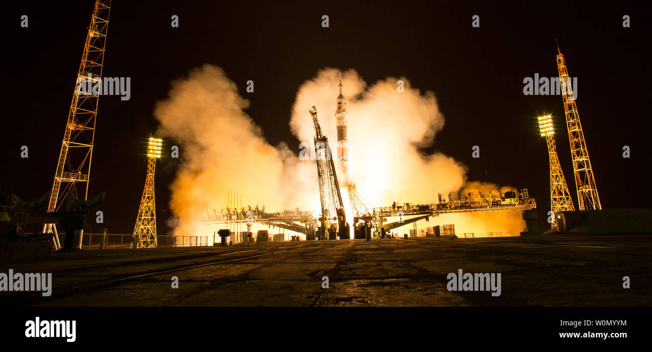 The Soyuz MS-08 rocket is launched with Expedition 55 Soyuz Commander Oleg Artemyev of Roscosmos and flight engineers Ricky Arnold and Drew Feustel of NASA, on March 21, 2018, at the Baikonur Cosmodrome in Kazakhstan. Artemyev, Arnold, and Feustel will spend the next five months living and working aboard the International Space Station. NASA Photo by Joel Kowsky/UPI Stock Photo