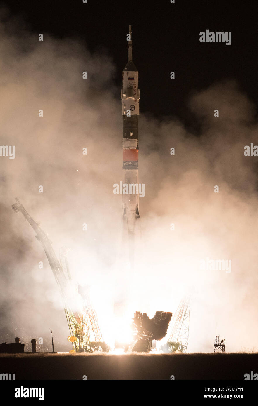 The Soyuz MS-08 rocket is launched with Expedition 55 Soyuz Commander Oleg Artemyev of Roscosmos and flight engineers Ricky Arnold and Drew Feustel of NASA, on March 21, 2018, at the Baikonur Cosmodrome in Kazakhstan. Artemyev, Arnold, and Feustel will spend the next five months living and working aboard the International Space Station. NASA Photo by Joel Kowsky/UPI Stock Photo
