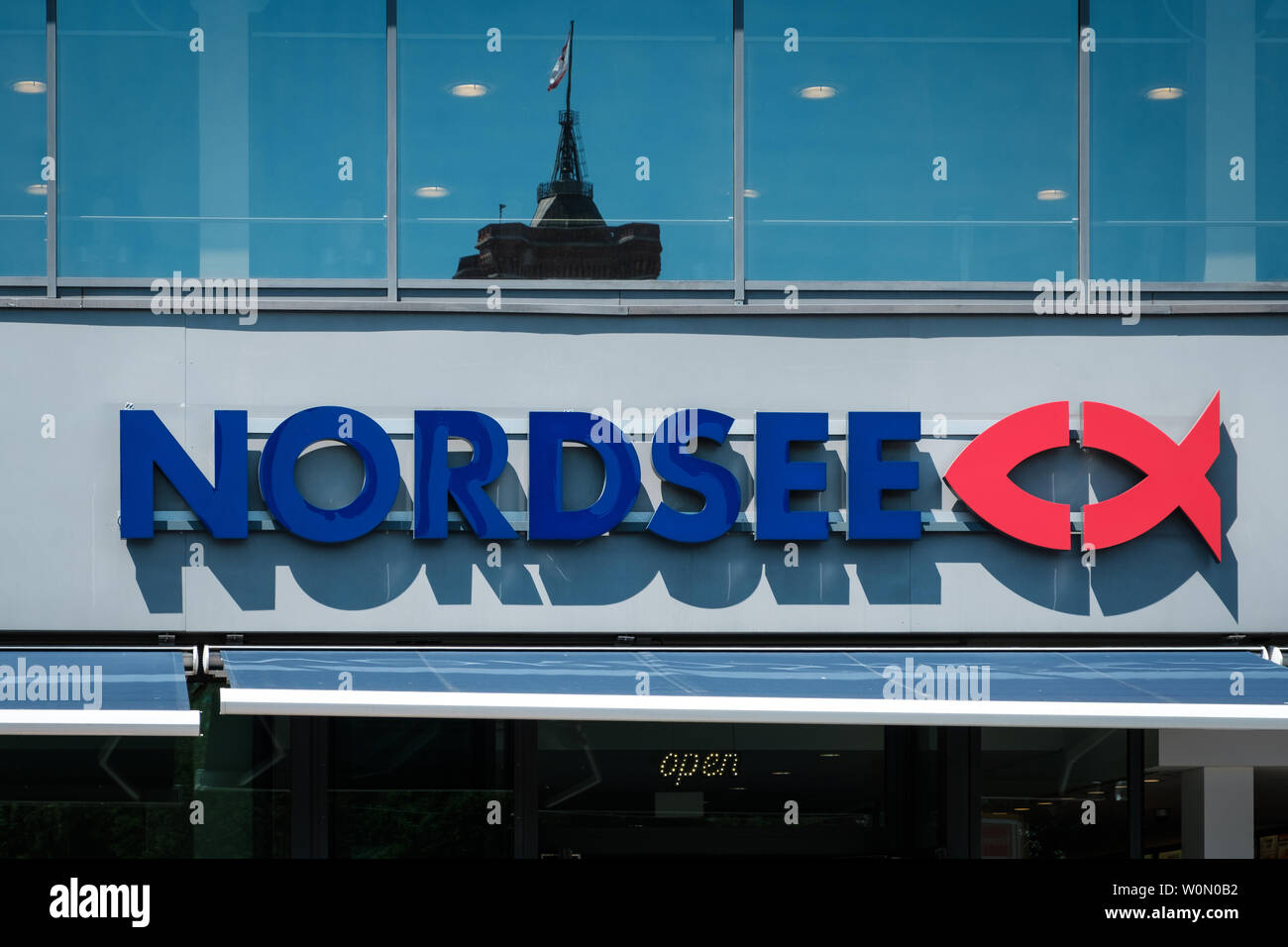 Berlin, Germany - June, 2019: Nordsee brand logo on store facade in Berlin. Nordsee is a German fast-food restaurant chain specialising in seafood Stock Photo