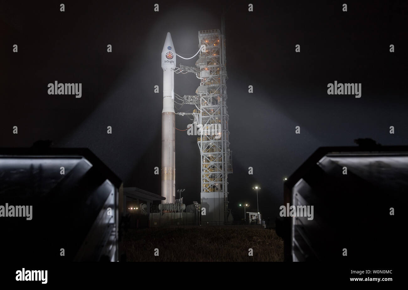 The United Launch Alliance (ULA) Atlas-V rocket with the NASA InSight spacecraft onboard is seen shortly after the mobile service tower was rolled back on May 4, 2018, at Vandenberg Air Force Base in California. InSight, short for Interior Exploration using Seismic Investigations, Geodesy and Heat Transport, is a Mars lander designed to study the 'inner space' of Mars: its crust, mantle, and core. NASA Photo by Bill Ingalls/UPI Stock Photo