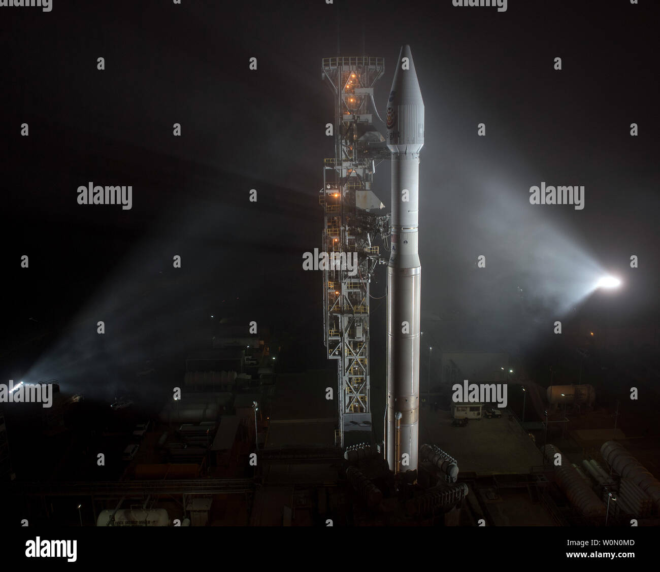 The United Launch Alliance (ULA) Atlas-V rocket with the NASA InSight spacecraft onboard is seen shortly after the mobile service tower was rolled back on May 4, 2018, at Vandenberg Air Force Base in California. InSight, short for Interior Exploration using Seismic Investigations, Geodesy and Heat Transport, is a Mars lander designed to study the 'inner space' of Mars: its crust, mantle, and core. NASA Photo by Bill Ingalls/UPI Stock Photo