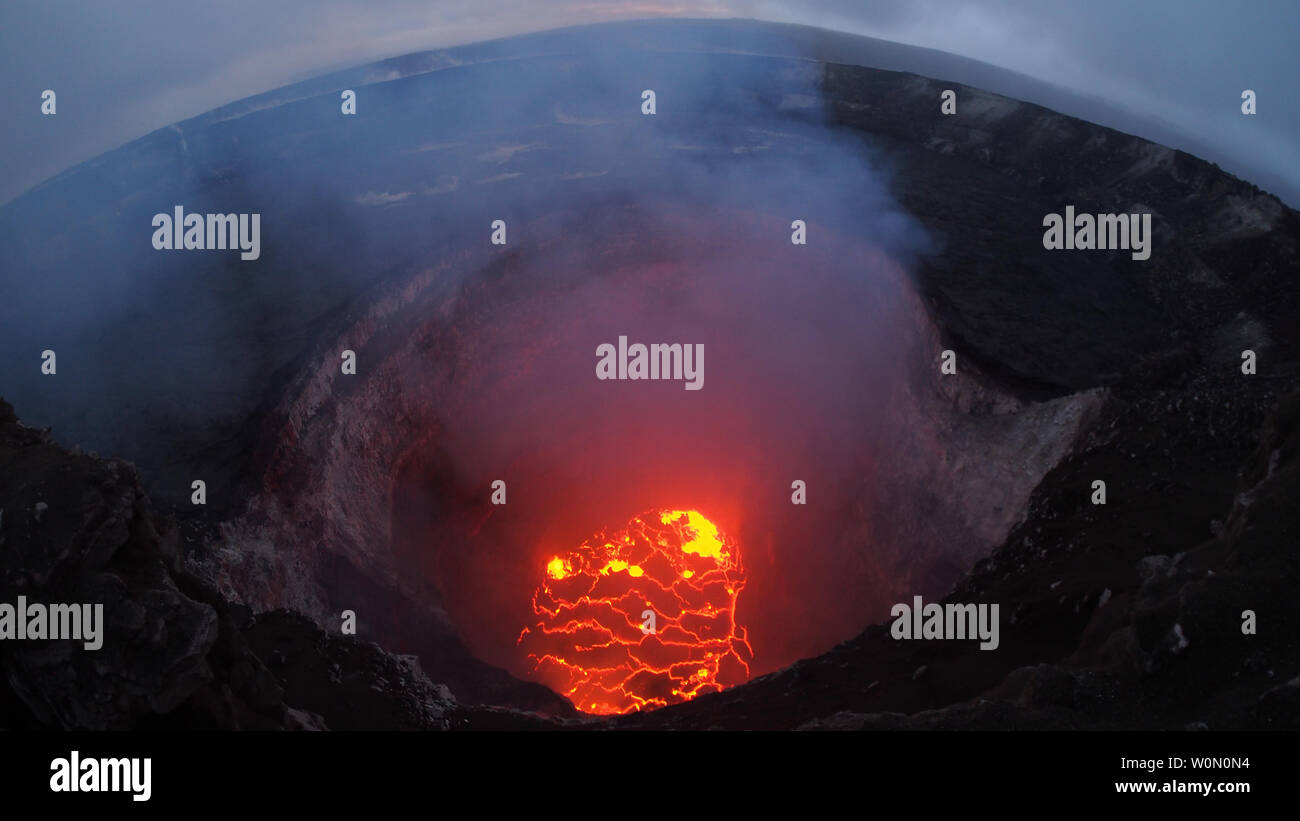 The summit lava lake has dropped significantly over the past few days, and on the evening of May 6, 2018, was roughly 220m below the crater rim. This wide-angle camera view captures the entire northern portion of the Overlook crater. Eruptions in the lower East Rift Zone of Kilauea Volcano continue as the island was hit on May 4 with a 6.9 magnitude earthquake, the most powerful on the island since 1975 according to the U.S. Geological Survey. Hundreds of residents have been evacuated from the subdivisions of Leilani Estates and Lanipuna Gardens. Photo by USGS/UPI Stock Photo