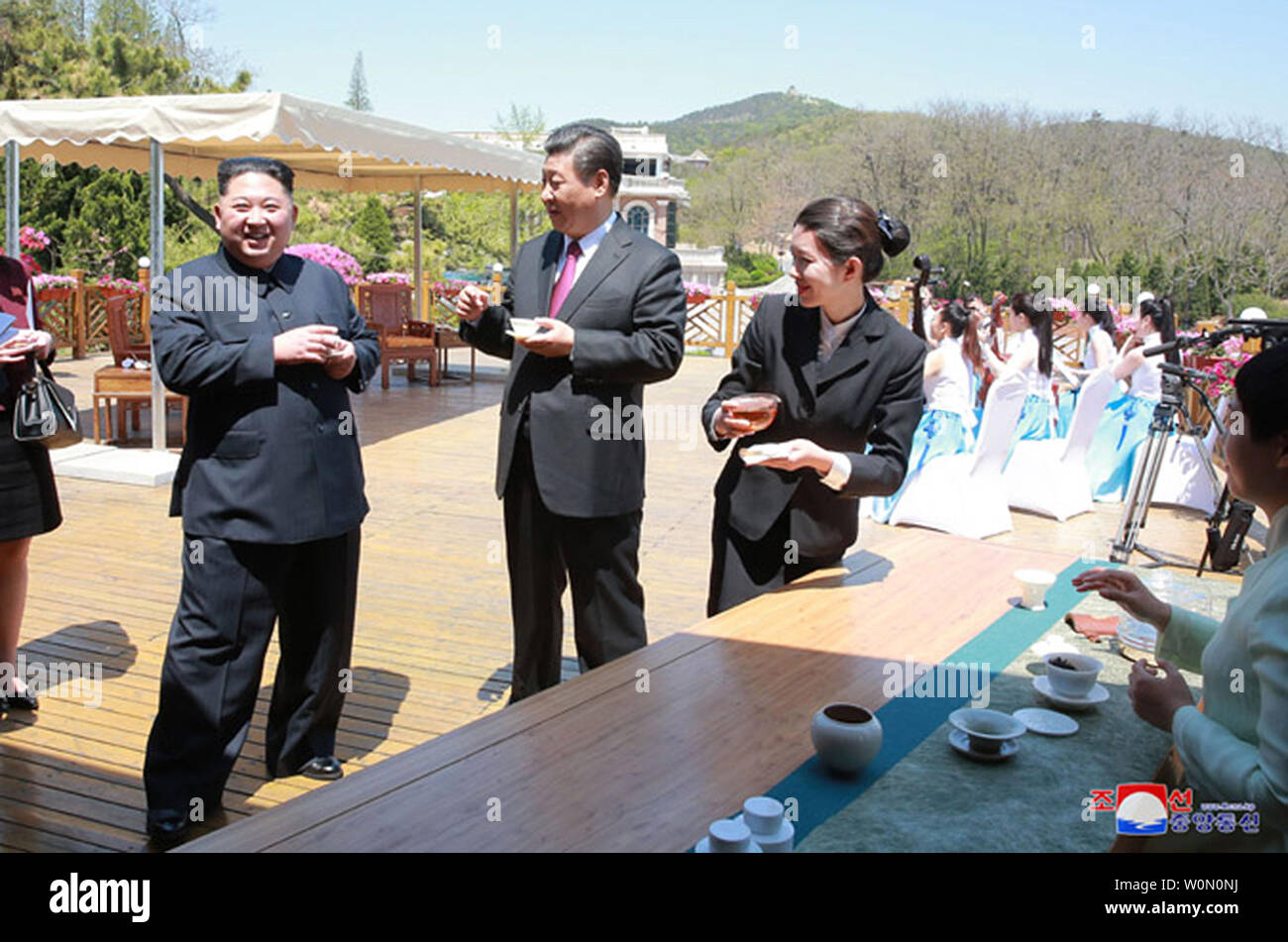 This image released on May 8, 2018, by the North Korean Official News Service (KCNA), shows North Korean leader Kim Jong Un meeting with Chinese President Xi Jinping in Dalian, China. Kim's visit came ahead of a scheduled meeting between ChinaÕs premier, Li Keqiang, President Moon Jae-in of South Korea and Prime Minister Shinzo Abe of Japan, to discuss North Korean denuclearization. Photo by KCNA/UPI Stock Photo