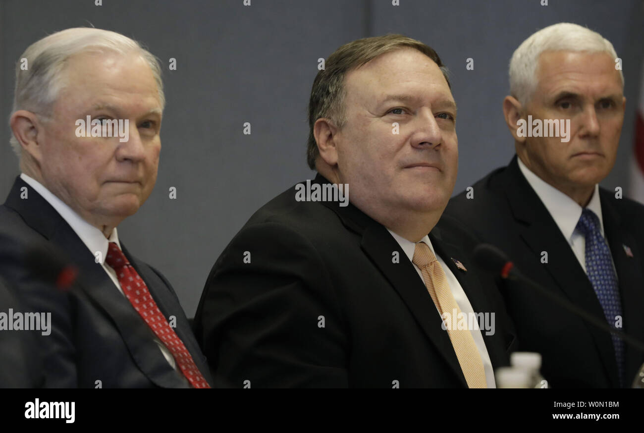 U.S. Attorney General Jeff Sessions (L), Secretary of State Mike Pompeo and Vice President Mike Pence attend the 2018 Hurricane Briefing at the FEMA headquarters on June 6, 2018 in Washington, DC. Photo by Yuri Gripas/UPI Stock Photo
