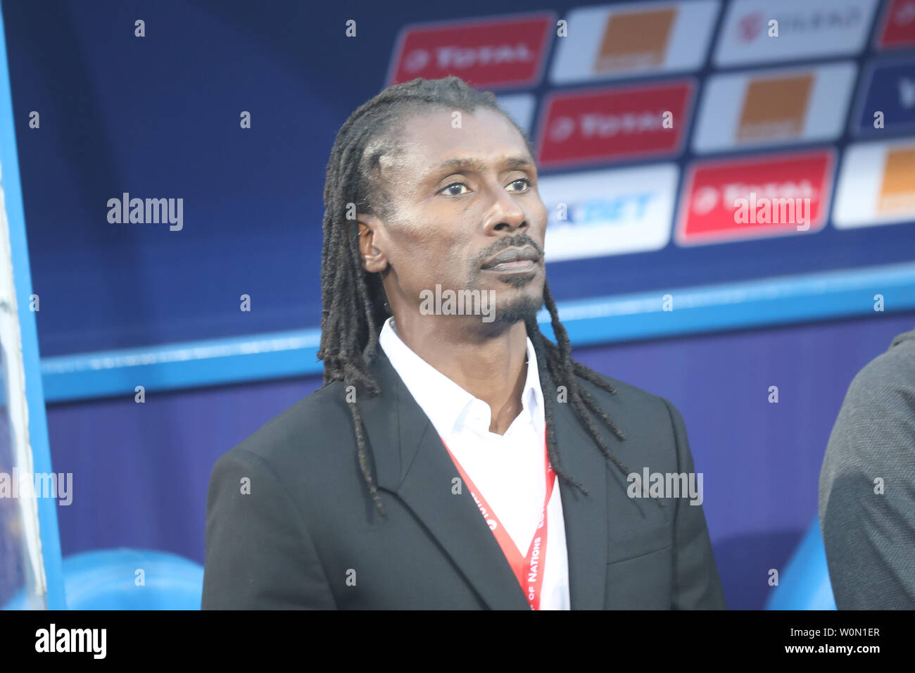 Cairo, Egypt. 27th June, 2019. Senegal manager Aliou Cisse reacts ahead of the 2019 Africa Cup of Nations Group C soccer match between Senegal and Algeria at the 30 June Stadium. Credit: Gehad Hamdy/dpa/Alamy Live News Stock Photo