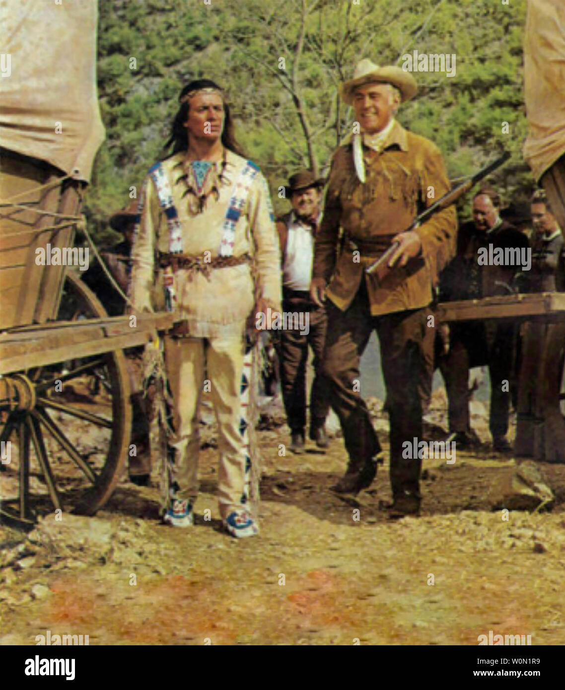 AMONG VULTURES aka Frontier Hellcat 1964 Columbia Pictures film with Stewart Granger at right  and Pierre Brice Stock Photo