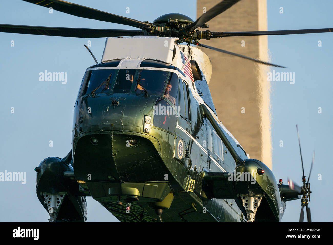 Marine One ferries U.S. President Donald J. Trump to the South Lawn from a weekend stay in Bedminster, New Jersey at the White House in Washington, DC on July 29, 2018. Earlier in the day, the U.S. President Donald J. Trump once again went after the media on Twitter, calling them the 'enemy of the people.'   Photo by Jim Lo Scalzo/UPI Stock Photo