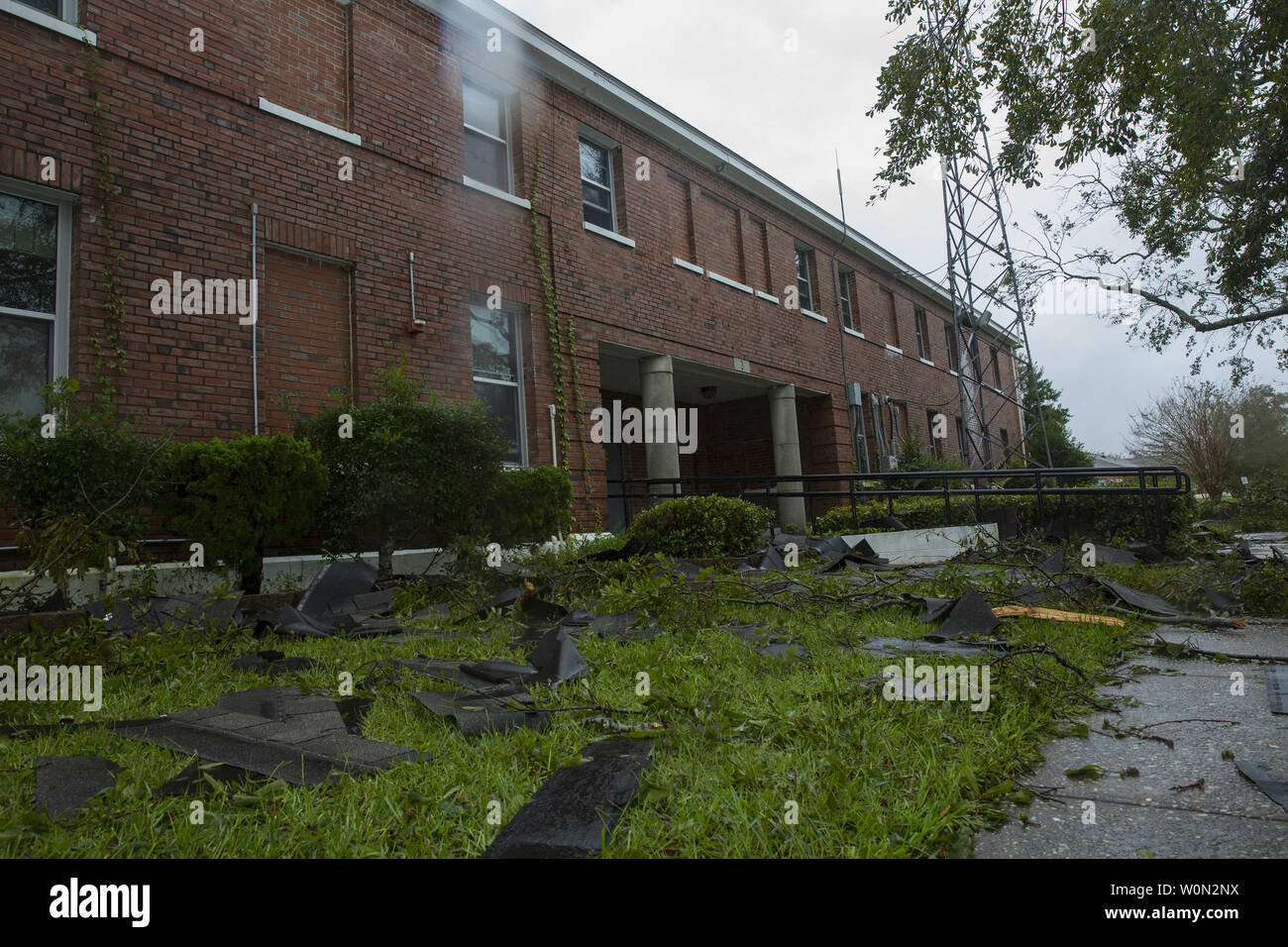 Broken branches lay in front of the Provost Marshal Office during Hurricane Florence, on Marine Corps Base Camp Lejeune, on September 15, 2018. Hurricane Florence impacted MCB Camp Lejeune and Marine Corps Air Station New River with periods of strong winds, heavy rains, flooding of urban and low lying areas, flash floods and coastal storm surges. Photo by Lance Cpl. Isaiah Gomez/U.S. Marine Corps/UPI Stock Photo