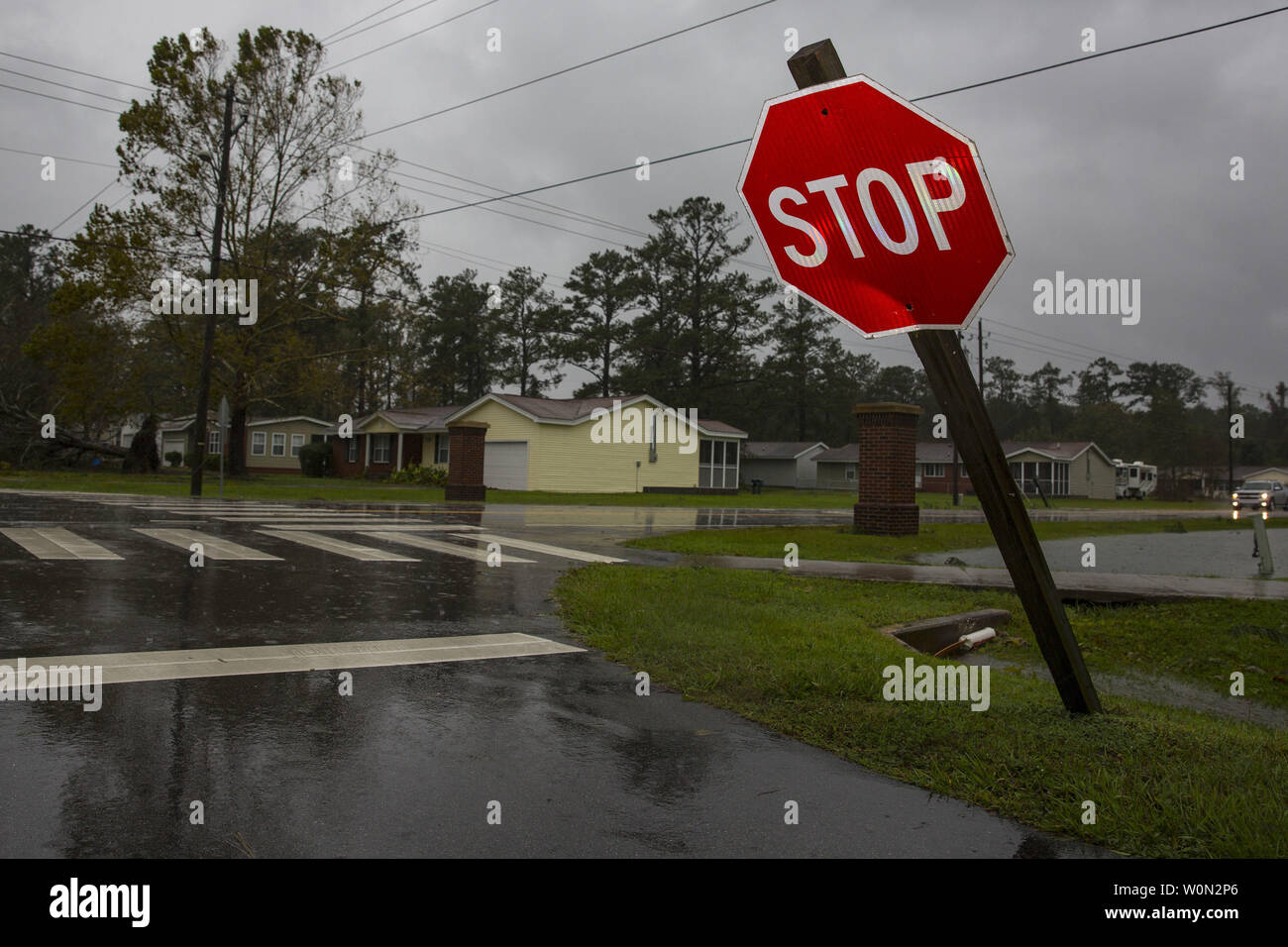A stop sign falls at the base housing units during Hurricane Florence on Marine Corps Base Camp Lejeune, N.C., on September 15, 2018. Hurricane Florence impacted MCB Camp Lejeune and Marine Corps Air Station New River with periods of strong winds, heavy rains, flooding of urban and low lying areas, flash floods and coastal storm surges. Photo by Lance Cpl. Isaiah Gomez/U.S. Marine Corps/UPI Stock Photo