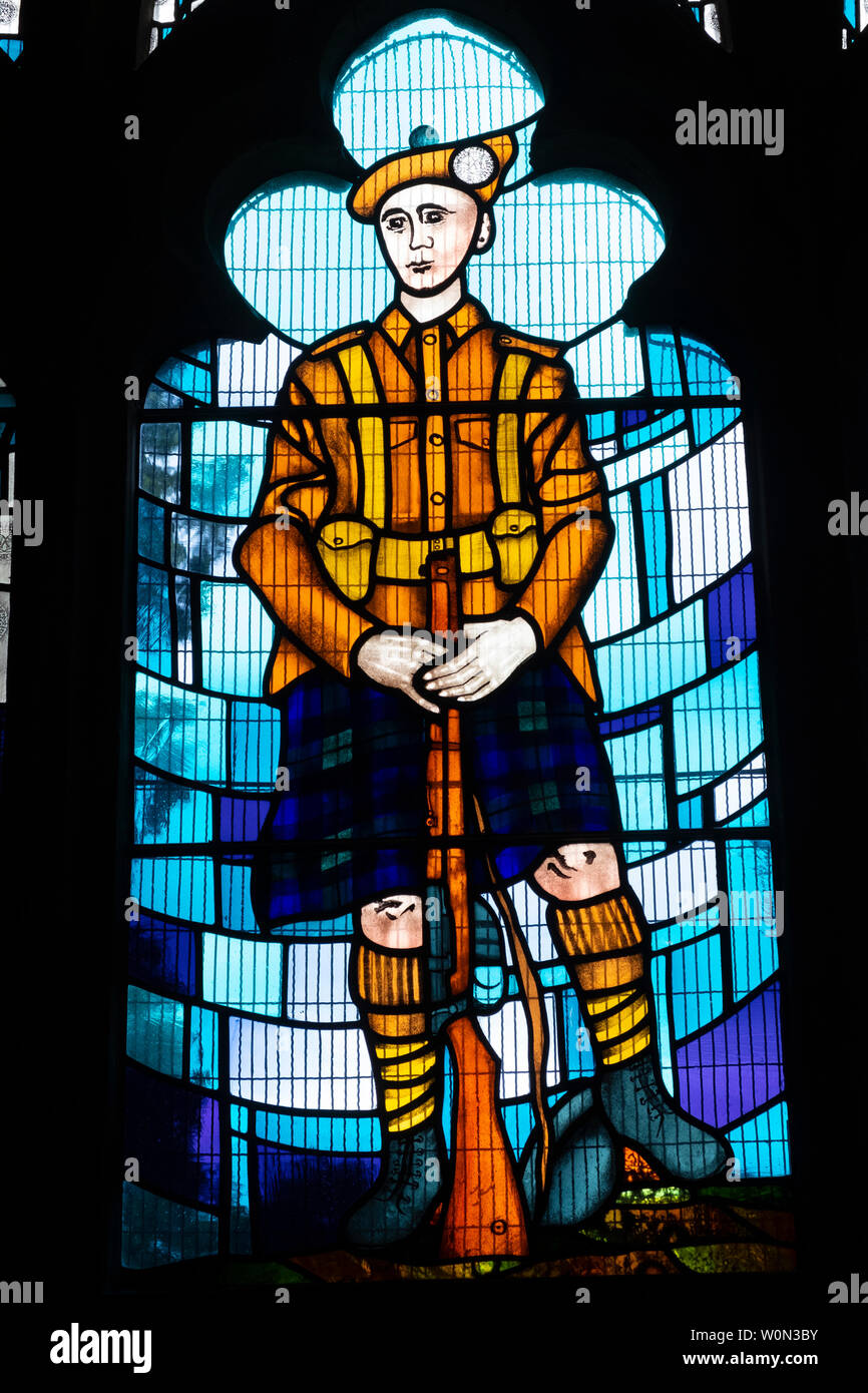 Modern stained glass Guildry Window to commemorate Argyll and Sutherland Highlanders killed in Great War 1914-1917 at Holy Rude Church , Stirling Stock Photo
