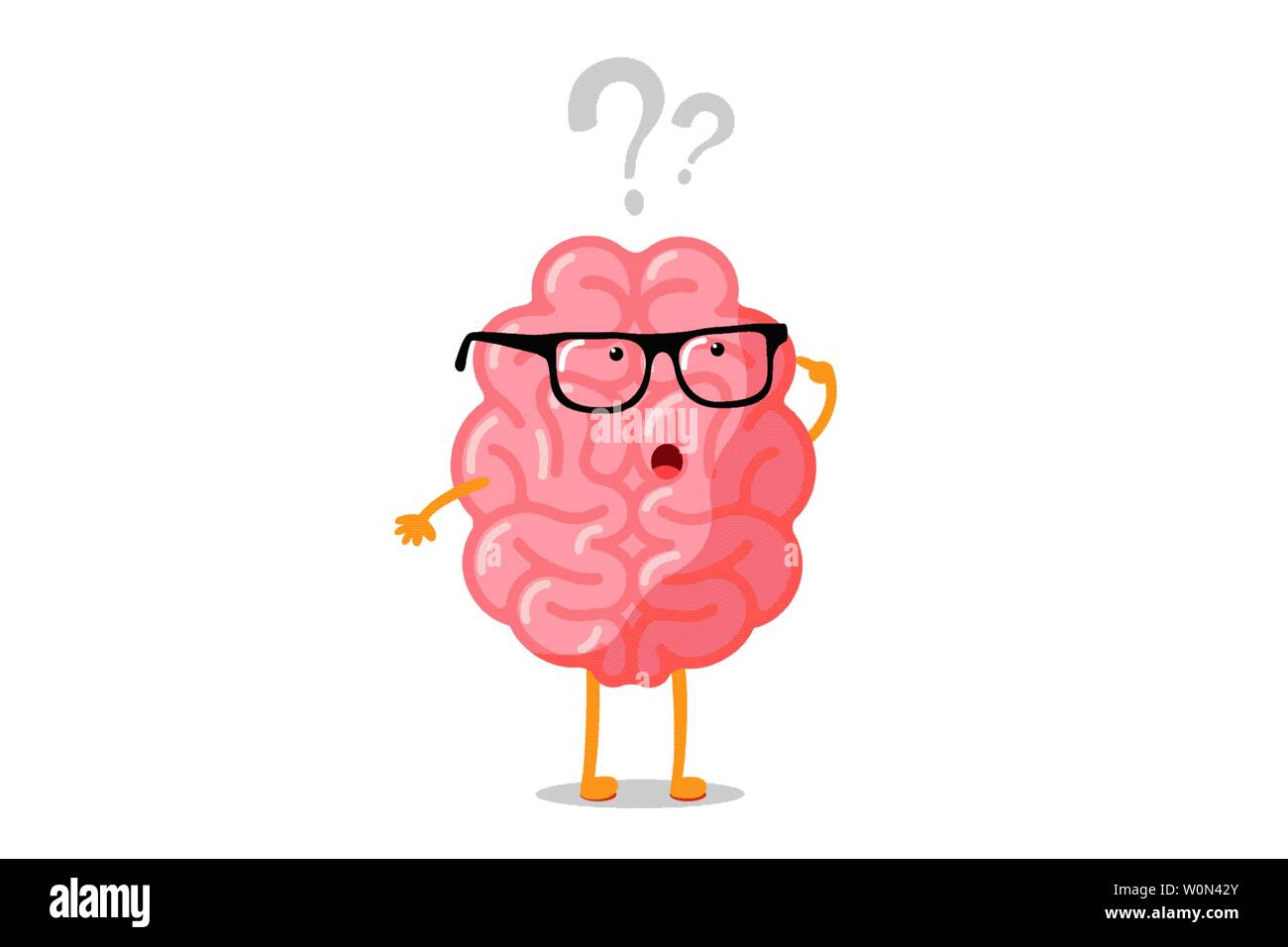 Funny human brain thought character with glasses thinks over question mark. Seeking answer cartoon brain concept. Strong clever cartoon central nervous system organ seeking answer vector illustration Stock Vector Image & Art - Funny human brain thought character with glasses thinks over question mark. Seeking answer cartoon brain concept. Strong clever cartoon central nervous system organ seeking answer vector illustration Stock Vector Image & Art -