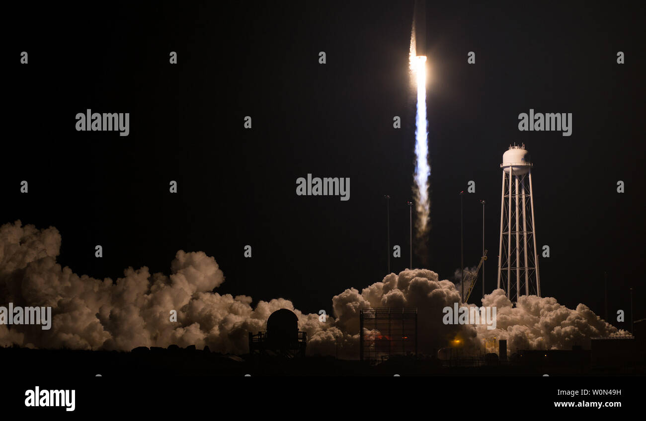 The Northrop Grumman Antares rocket, with Cygnus resupply spacecraft onboard, launches from Pad-0A, on November 17, 2018, at NASA's Wallops Flight Facility in Virginia. Northrop Grumman's 10th contracted cargo resupply mission for NASA to the International Space Station will deliver about 7,400 pounds of science and research, crew supplies and vehicle hardware to the orbital laboratory and its crew. NASA Photo by Joel Kowsky/UPI Stock Photo