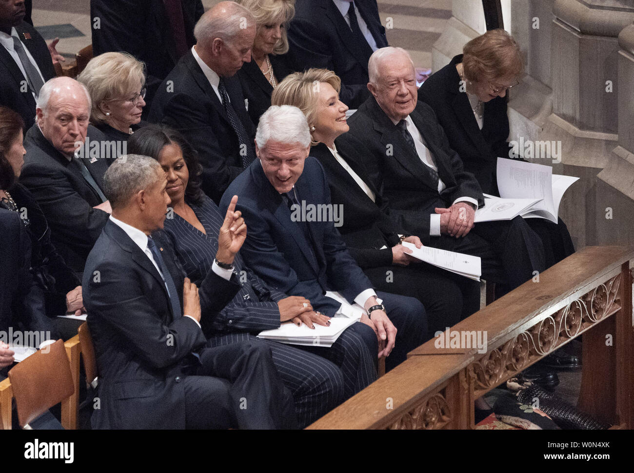 Barack Obama, Michelle Obama, Bill Clinton, Hillary Clinton, Jimmy Carter and Rosalyn Carter attend the state funeral service of former President George H. W. Bush at the National Cathedral in Washington, DC on December 5, 2018.      Photo by Chris Kleponis/UPI Stock Photo