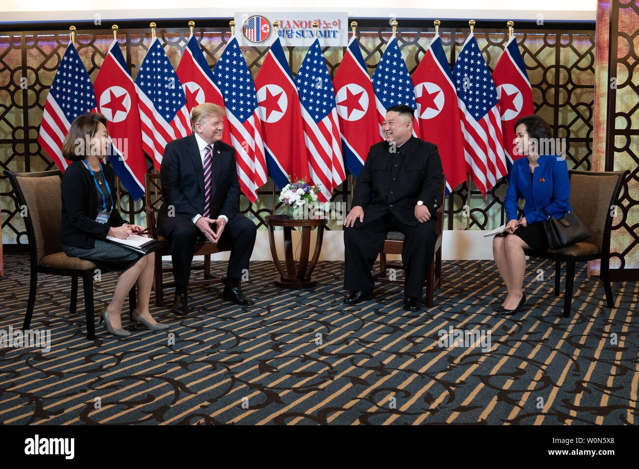 President Donald J. Trump and Kim Jong Un, Chairman of the State Affairs Commission of the Democratic People’s Republic of Korea talk on February 27, 2019, at the Sofitel Legend Metropole hotel in Hanoi, for their second summit meeting. White House Photo by Shealah Craighead/UPI Stock Photo