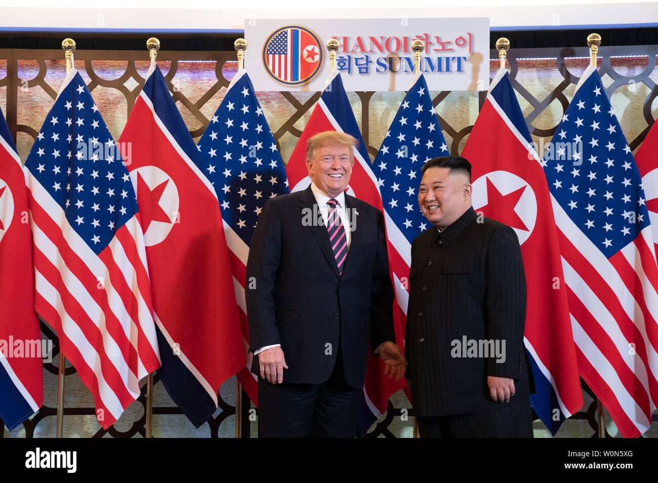 President Donald J. Trump is greeted by Kim Jong Un, Chairman of the State Affairs Commission of the Democratic People’s Republic of Korea, on February 27, 2019, at the Sofitel Legend Metropole hotel in Hanoi, for their second summit meeting. White House Photo by Shealah Craighead/UPI Stock Photo
