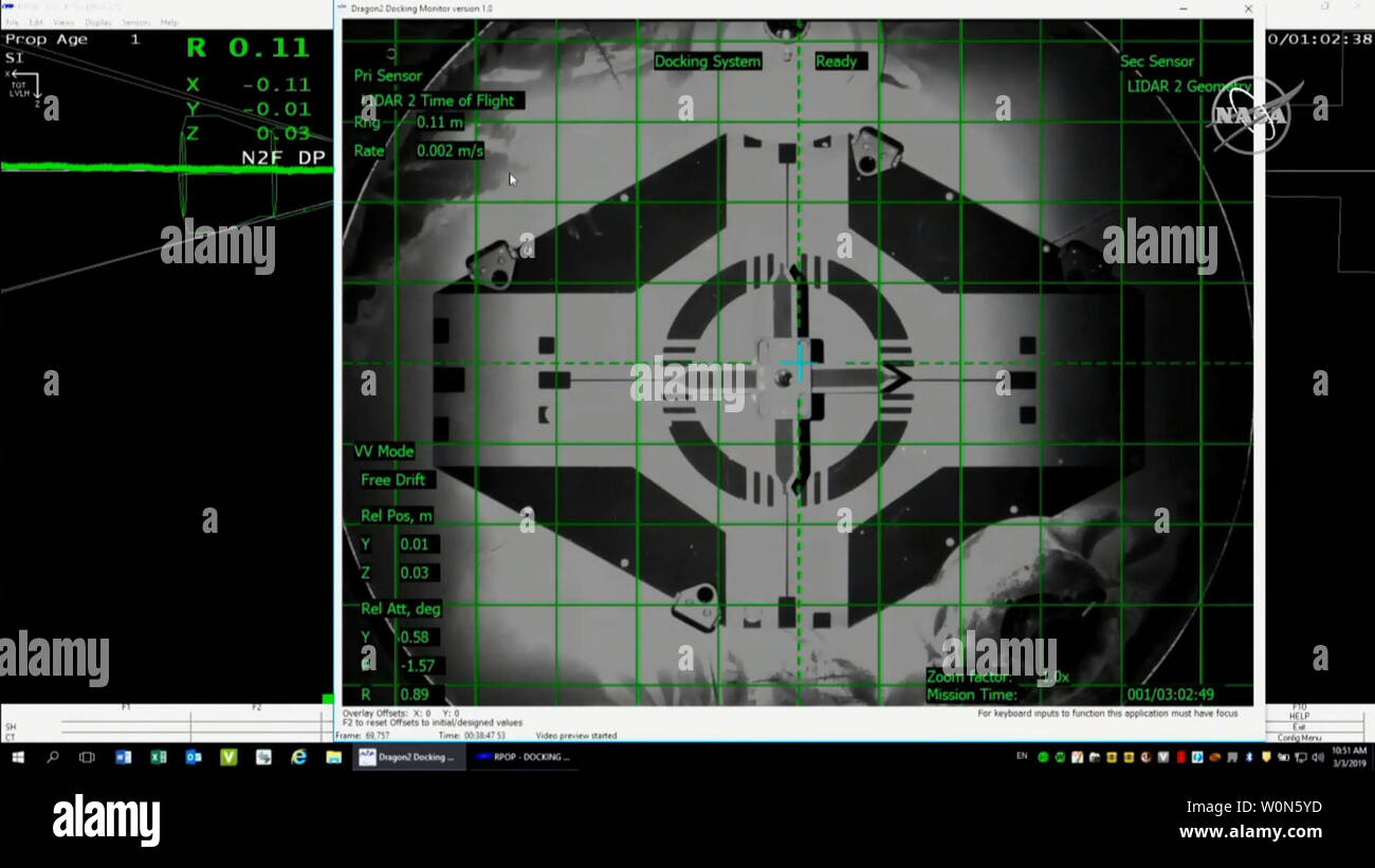 A live screen view, taken from NASA TV, shows the SpaceX Crew Dragon's docking mechanism as it approaches the International Space Station on March 3, 2019. SpaceX's crew capsule successfully docked with the International Space Station, a first for a commercially built and operated spacecraft designed for a crew, achieving a significant milestone of NASA's Commercial Crew Program. The Commercial Crew Program is a partnership to develop and fly human space transportation systems. NASA Photo/UPI Stock Photo