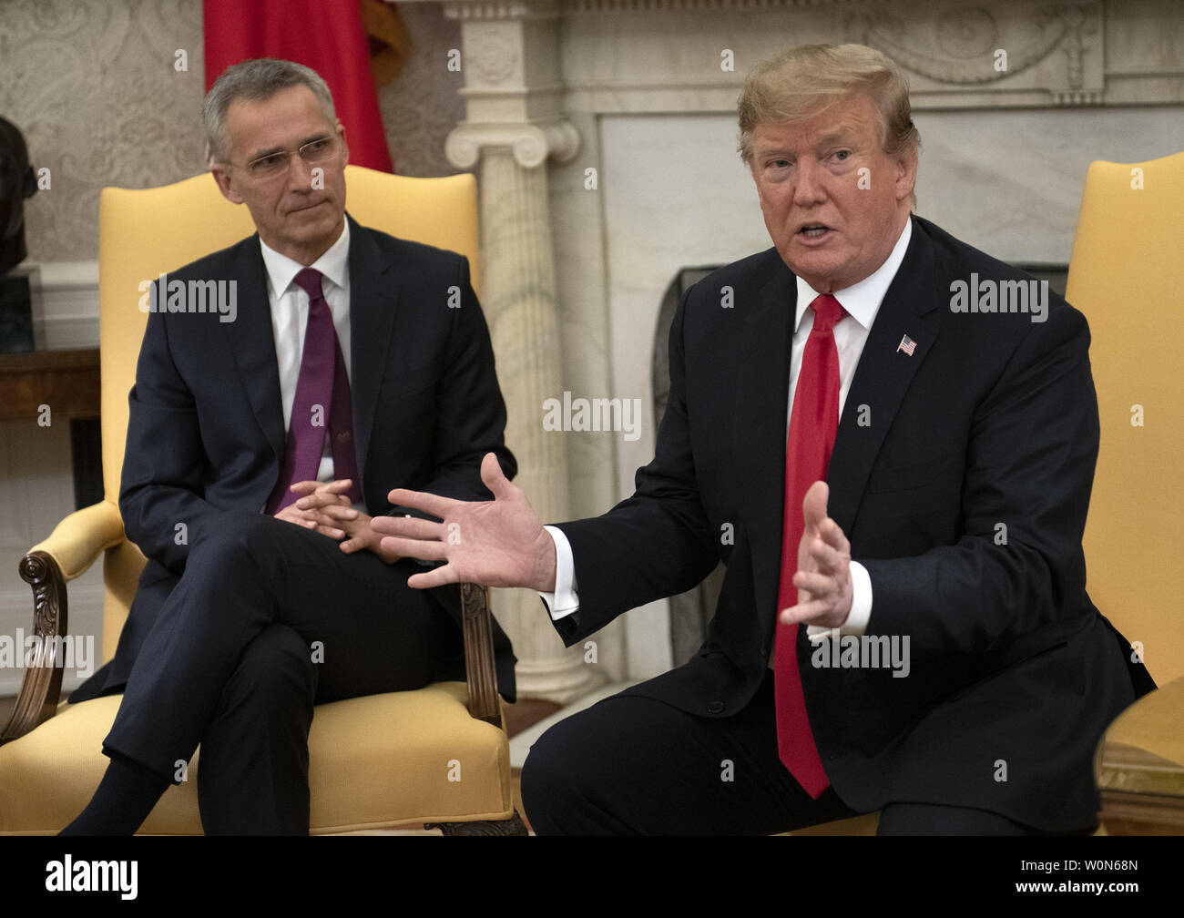 United States President Donald Trump meets Jens Stoltenberg, Secretary General of the North Atlantic Treaty Organization (NATO), in the Oval Office of the White House in Washington, DC on Tuesday, April 2, 2019.   Photo by Ron Sachs/UPI Stock Photo