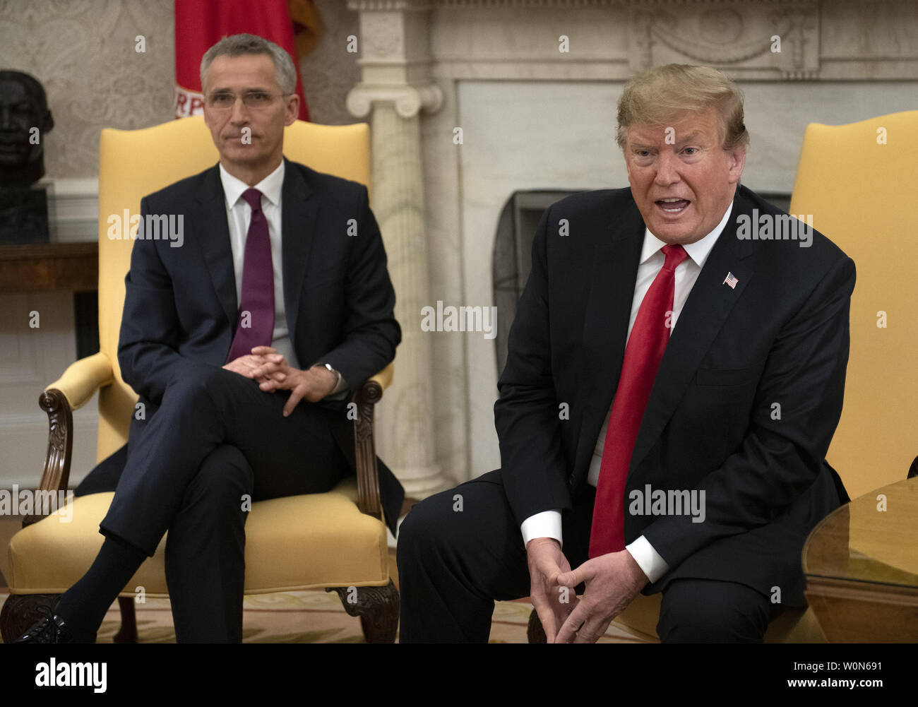 United States President Donald Trump meets Jens Stoltenberg, Secretary General of the North Atlantic Treaty Organization (NATO), in the Oval Office of the White House in Washington, DC on Tuesday, April 2, 2019.   Photo by Ron Sachs/UPI Stock Photo