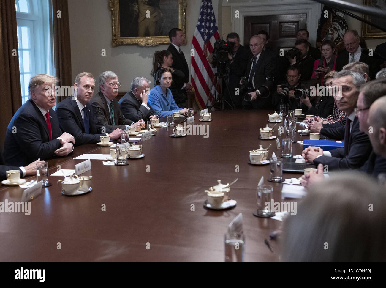 United States President Donald Trump (L) participates in an expanded bilateral meeting with Jens Stoltenberg (R), Secretary General of the North Atlantic Treaty Organization (NATO),  in the Cabinet Room of the White House in Washington, DC on Tuesday, April 2, 2019.   Photo by Ron Sachs/UPI Stock Photo