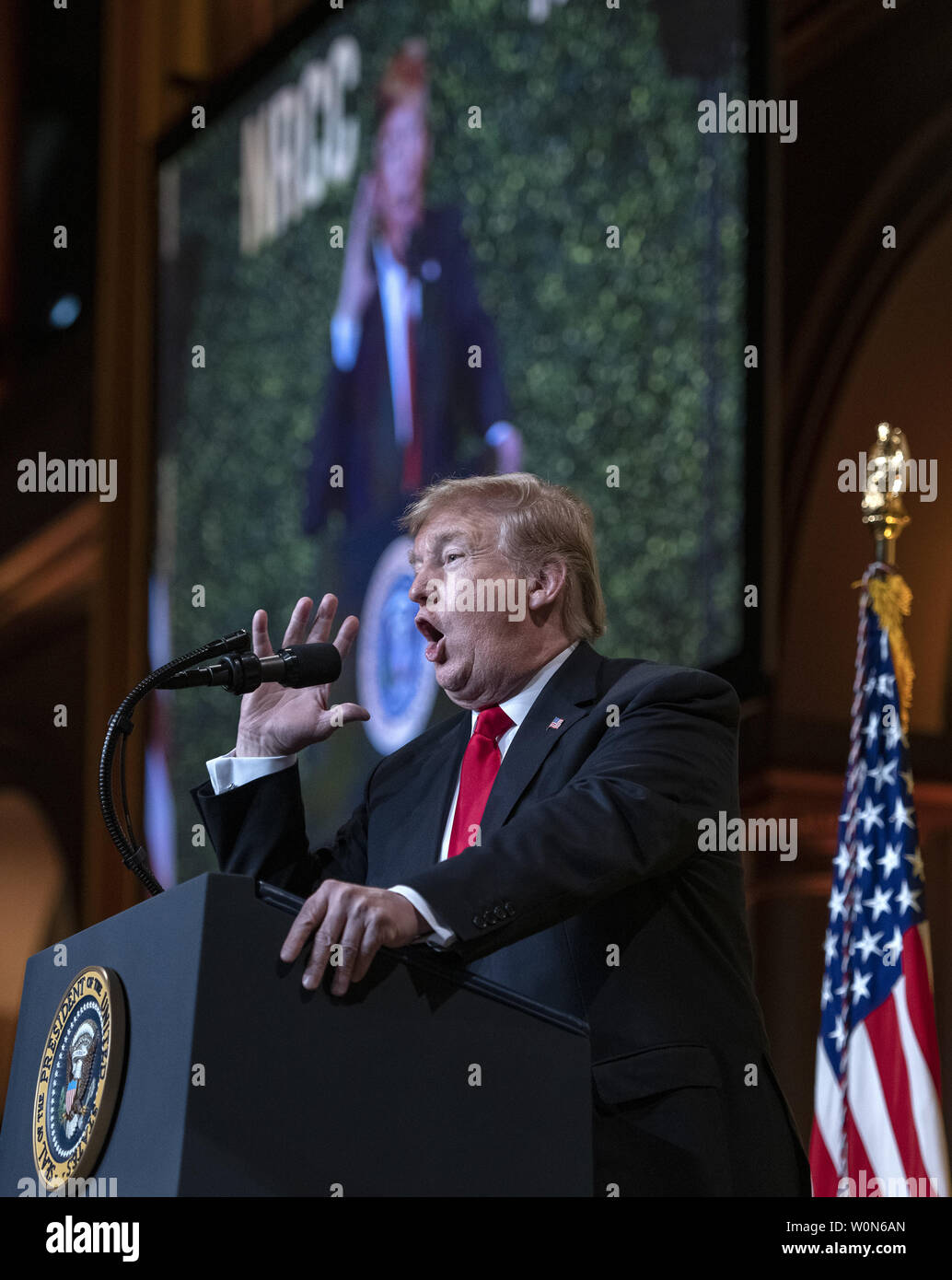 United States President Donald J. Trump delivers remarks at the National Republican Congressional Committee (NRCC) Spring Dinner at the National Building Museum in Washington, DC on April 2, 2019. Photo by Ron Sachs/UPI Stock Photo