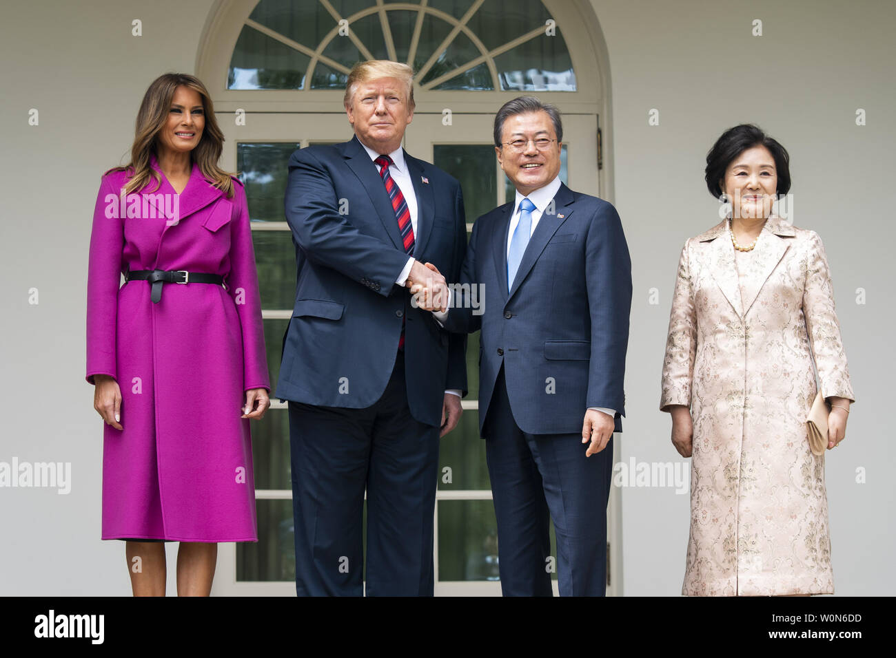 US President Donald J. Trump (C-L) and First Lady Melania Trump (L) welcome Korean President Moon Jae-in (C-R) and Mrs. Kim Jung-sook (R) to the  White House in Washington on April 11, 2019. President Moon is expected to ask President Trump to reduce sanctions on North Korea in an attempt to jump start nuclear negotiations between North Korea and the US.  Photo by Jim Lo Scalzo/UPI Stock Photo